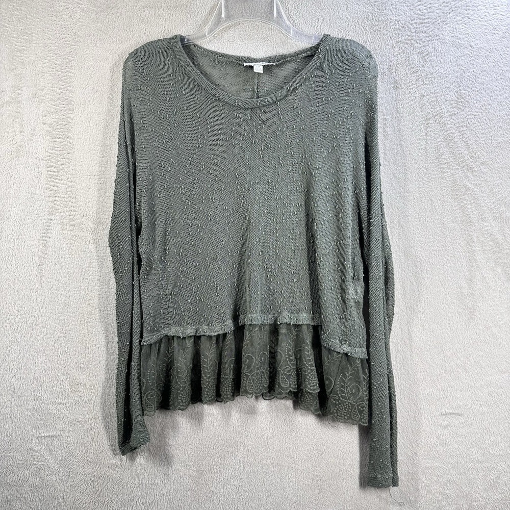 American Eagle Army Green Lace Long Sleeve Pullover Sweater Sz L Mesh Open Knit
